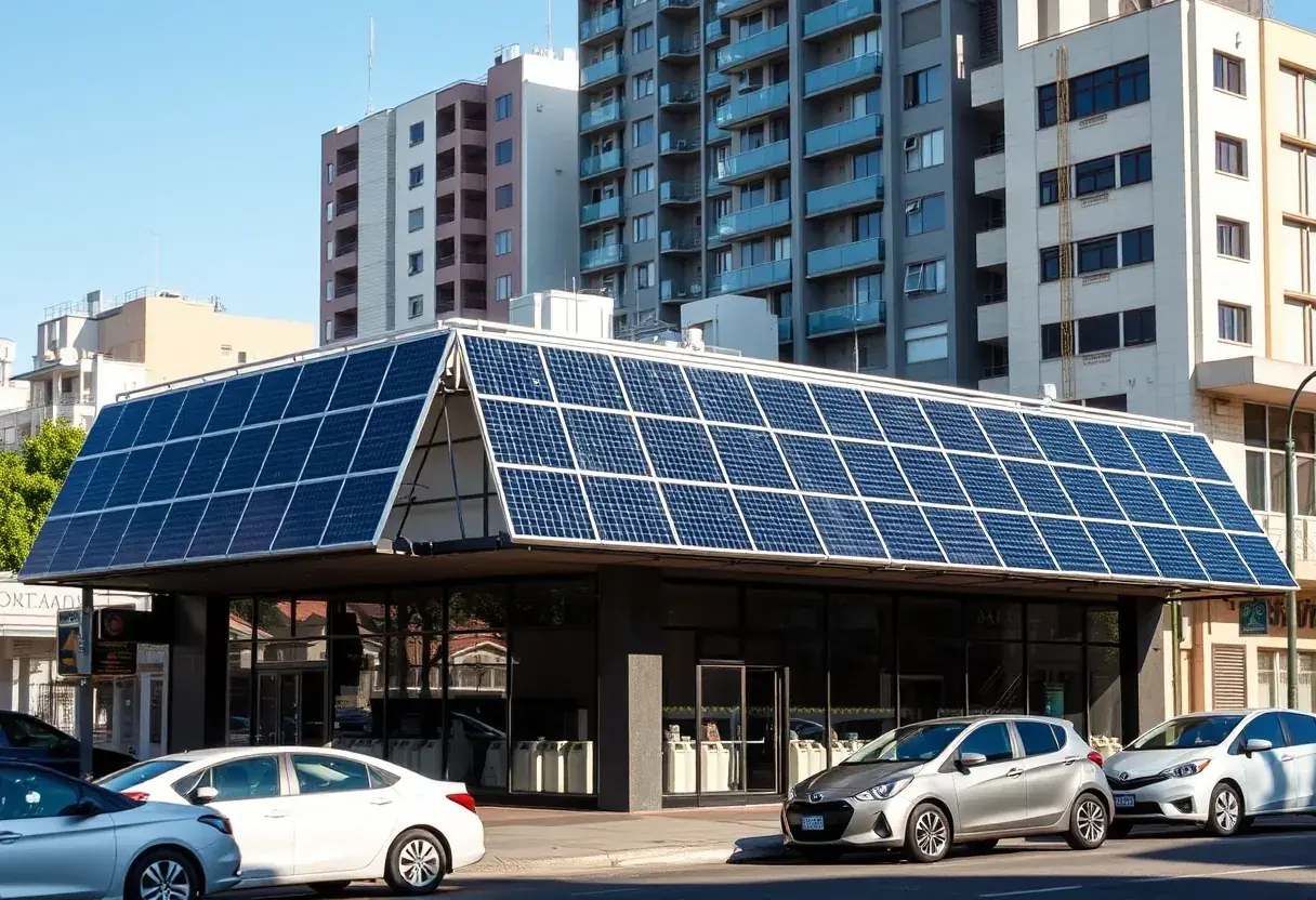 Prédio comercial em Goiânia com cobertura coberta por placas de energia solar