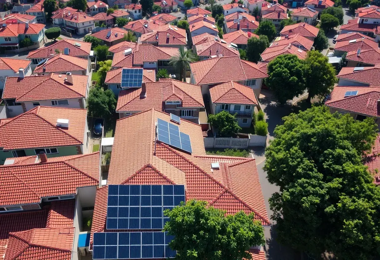 Vista aérea de um bairro residencial de Goiânia com placas de energia solar em vários telhados