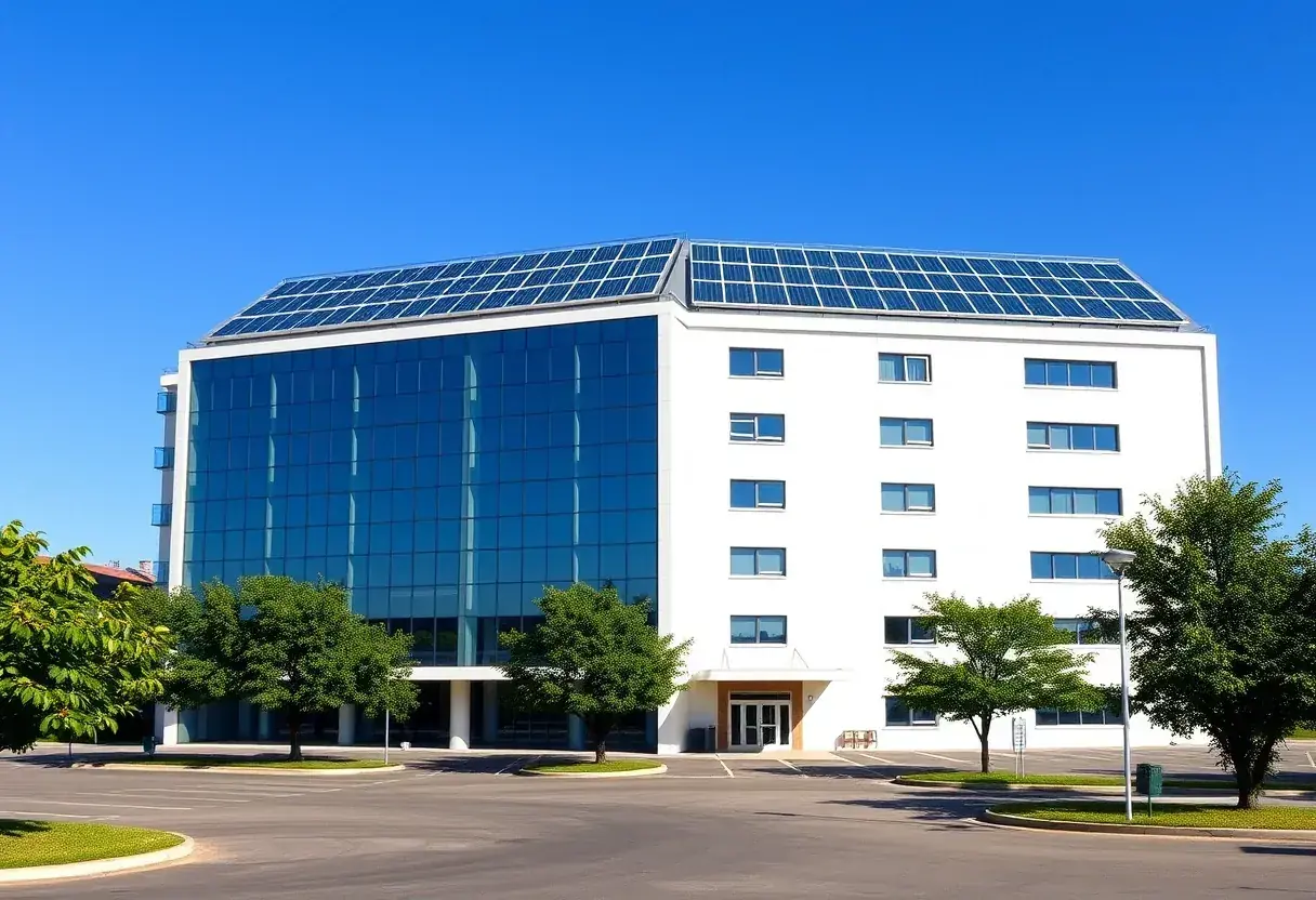 Hospital de vários andares em Goiânia com o telhado coberto por placas de energia solar