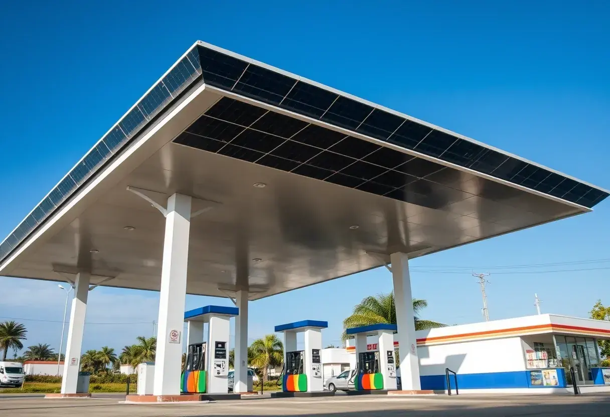 Posto de combustível em Goiás com placas solares sobre a cobertura das bombas