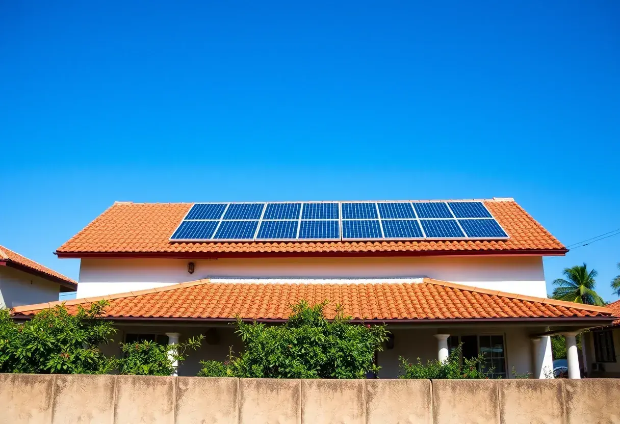Casa em Goiânia com telhado de telha cerâmica e oito placas de energia solar instaladas