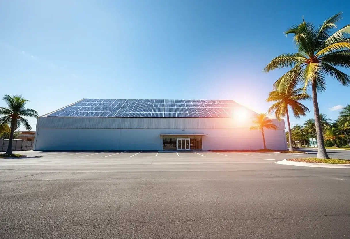 Supermercado com telhado inteiramente coberto por fileiras de placas de energia solar