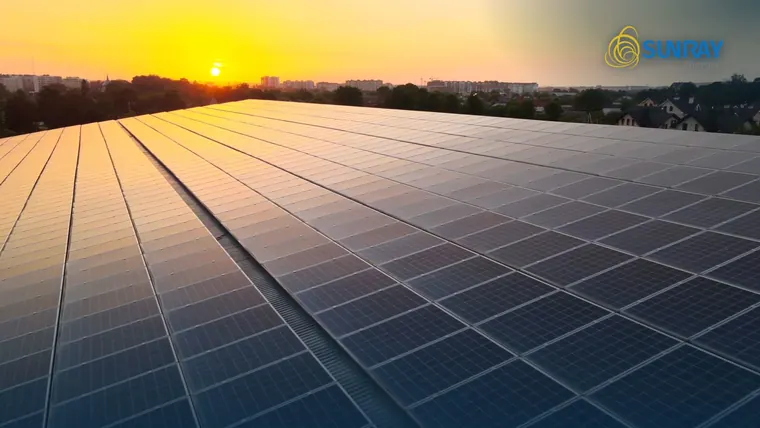 Telhado coberto de placas solares ao amanhecer, quadro de abertura do vídeo da Sunray